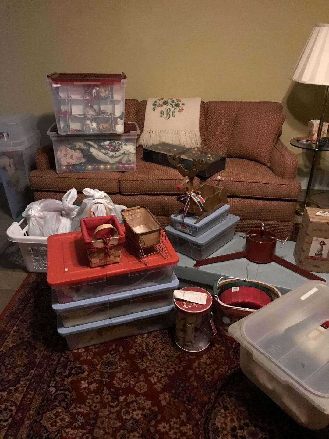 boxes of Christmas decorations